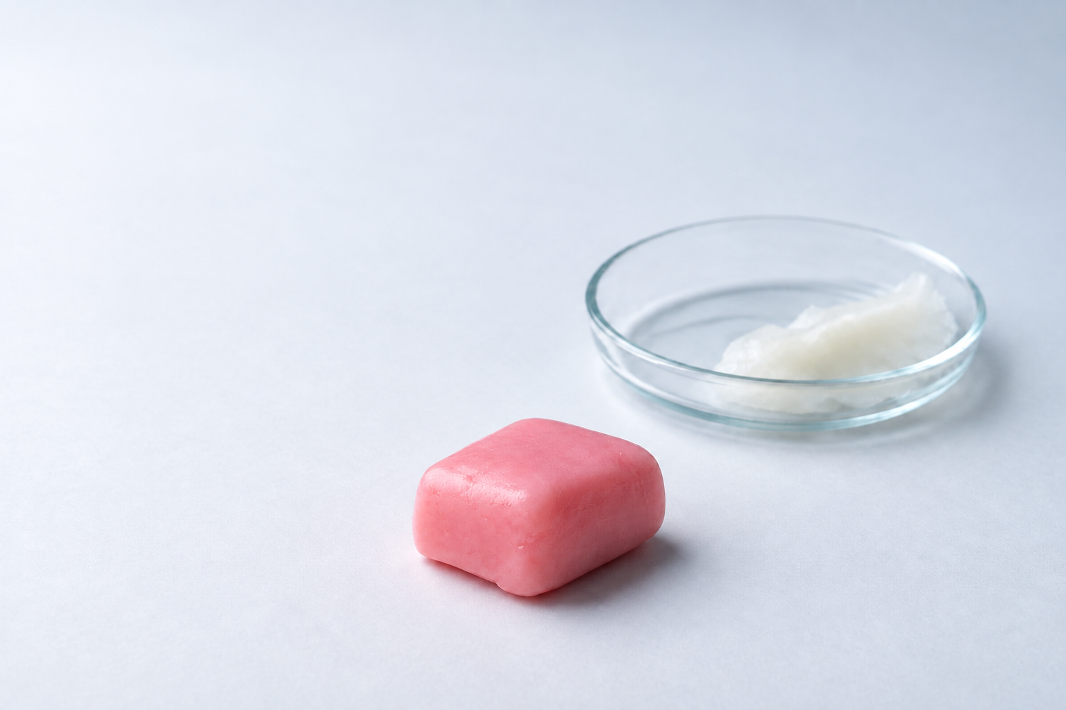 A strawberry-pink Stage 2 soft chew beside a glass dish containing a restrained coconut-oil material sample