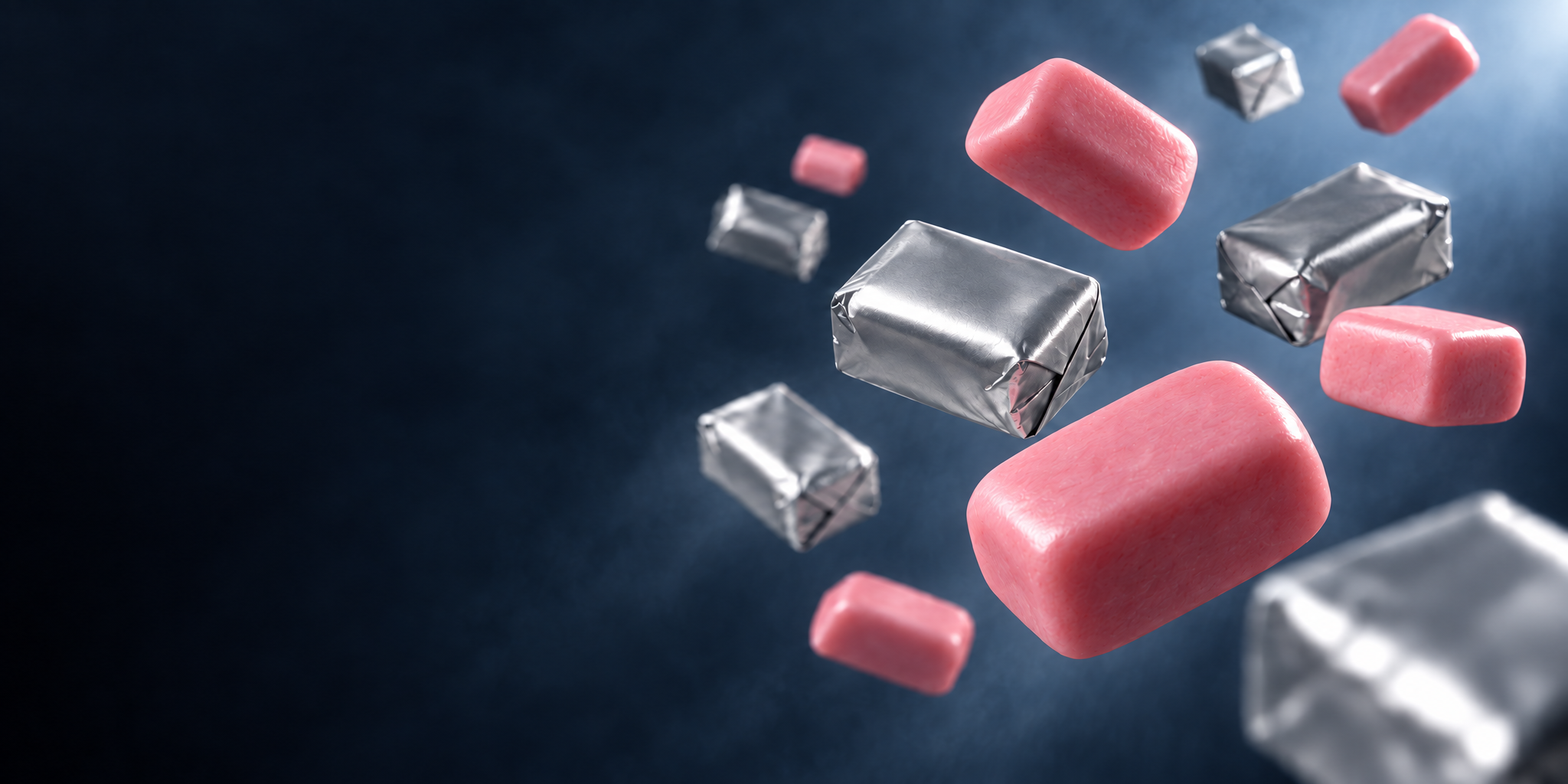 Pink strawberry soft chews and neatly folded silver foil-wrapped chews suspended across a smoky steel-blue studio
