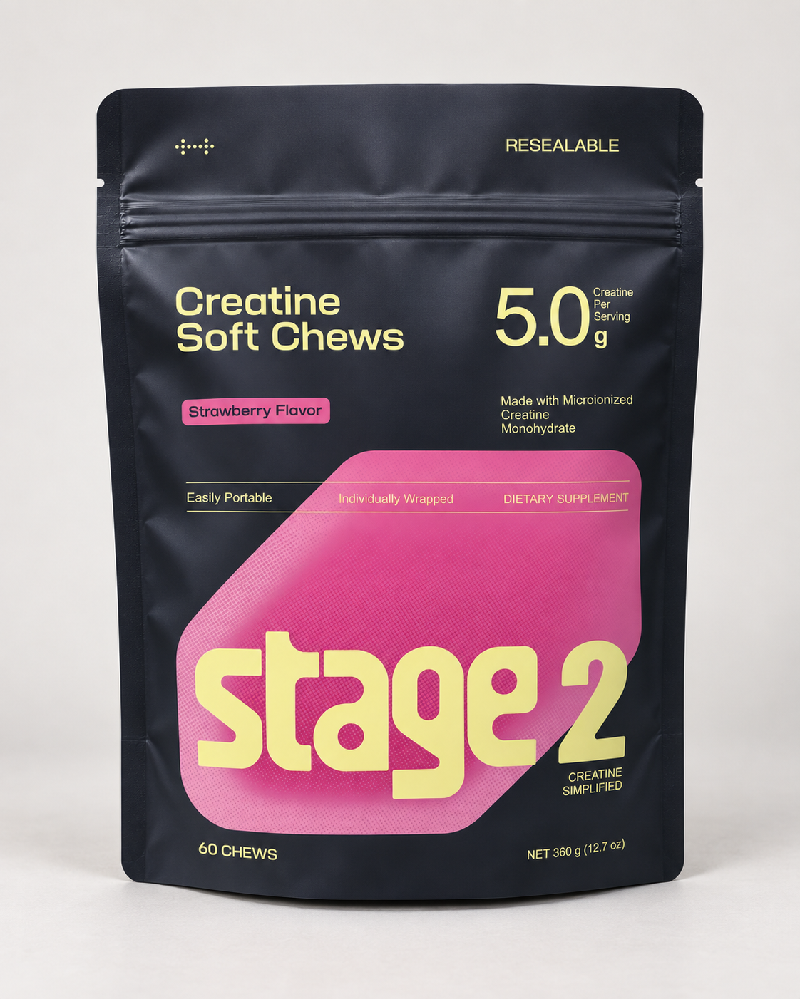 Front-facing Stage 2 strawberry creatine soft chews pouch